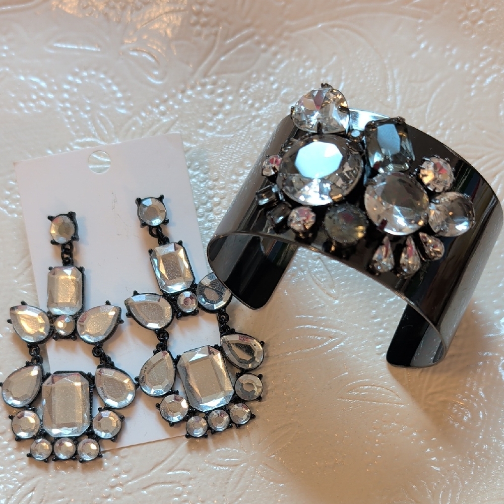 J. Crew Black Cuff Bracelet with Banana Republic Clear Crystal Drop Earrings